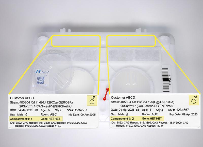 Peel and stick labels that identify animals in each compartment of the container; labels can be reused on cage cards