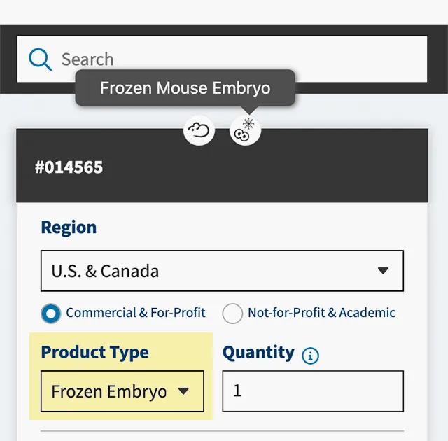 JAX Mouse Search - Select the 'Frozen Embryo' or 'Frozen Sperm' product type