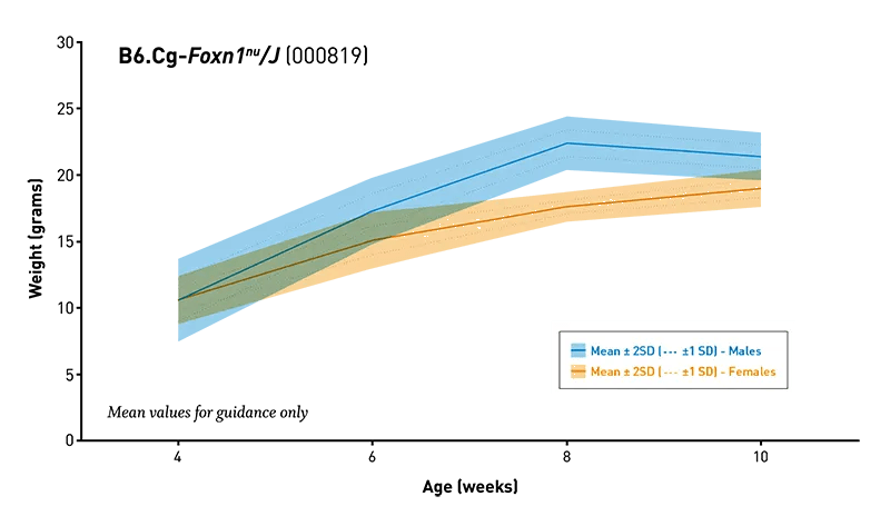 Body Weight Information for JAX® Mice Strain B6 nude (000819)
