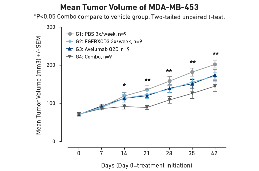JAX CD34+ Humanized Mice - Mean Tumor Volume of MDA-MB-453 Graph