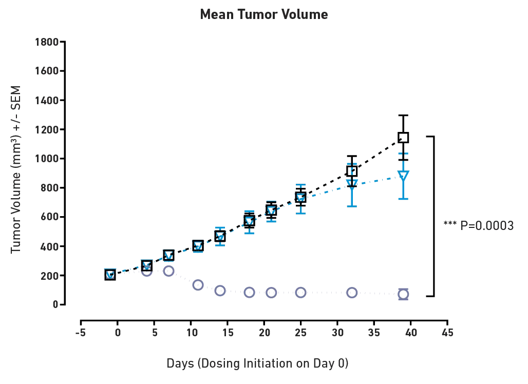 Time course of tumor volume post treatment with PBS (square), EGFR-CD3 bispecific Ab n=11 (circle) and Cetuximab n=5 (triangle)