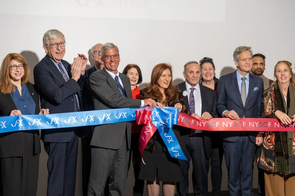 JAX and NYSCF leaders, public officials, and supporters at the JAX-NYSCF ribbon tying event on Dec. 17. Full titles and affiliations at the bottom of page.