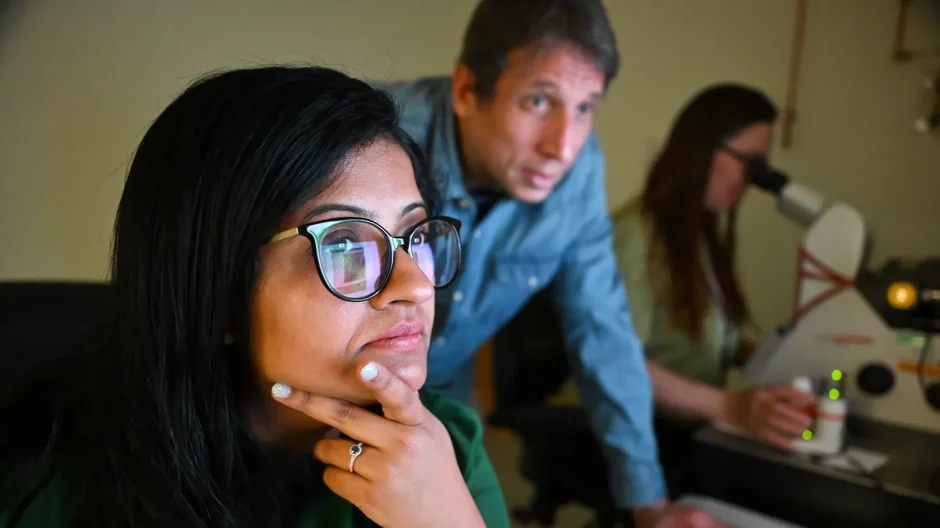 Khushdeep Bandesh, Ph.D.; Romy Kursawe, Ph.D.; and Efthymios Motakis, Ph.D. analyze type 2 diabetes (T2D) islet data in the microscopy lab at The Jackson Laboratory for Genomic Medicine in Farmington, CT. April 8, 2026.