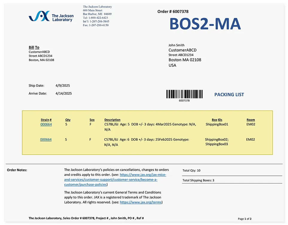 Shipping container ID listed with contents on packing list