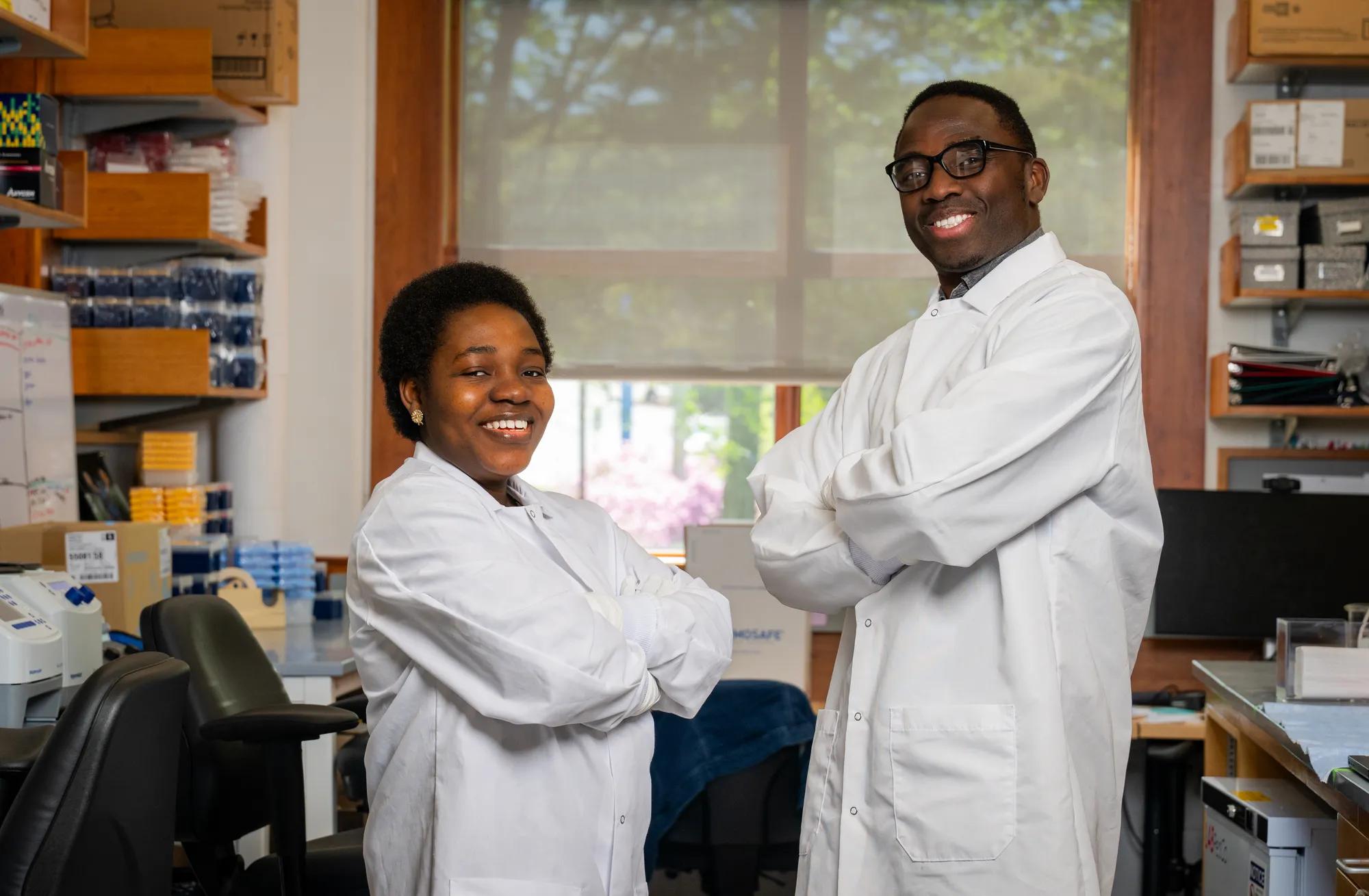 Owolabi and her mentor, Rafiou Agoro, Ph.D., in the Agoro Lab.